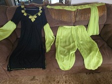 Black and Lime Green Bellydance Dress/Pants/Hipskirt with Hand Sewn Beadwork