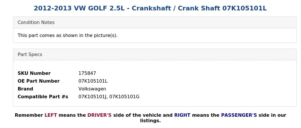 VW GOLF 2012-2013 2,5 L - cigüeñal/eje de manivela 07K105101L Foto 3 de 4