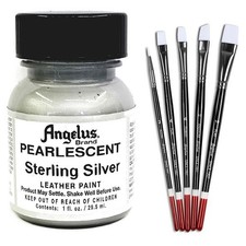 40AS 1 Oz Angelus Pearlescent Leather Paint Sterling Silver W/ 5 Pc Brush Set