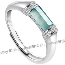 Certified Green Natural Rectangle Grade A Jade jadeite 925 Silver Inlay Ring