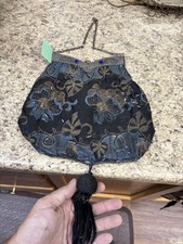 Antique Evening Bag Vtg Woven Tapestry Floral Purse Metallic Thread Ornate Frame