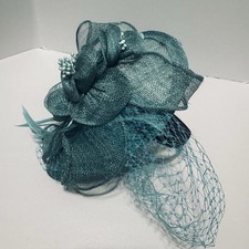 Vtg Hat Womens Fascinator Headband Teal Green Flower Netting Derby Races Church