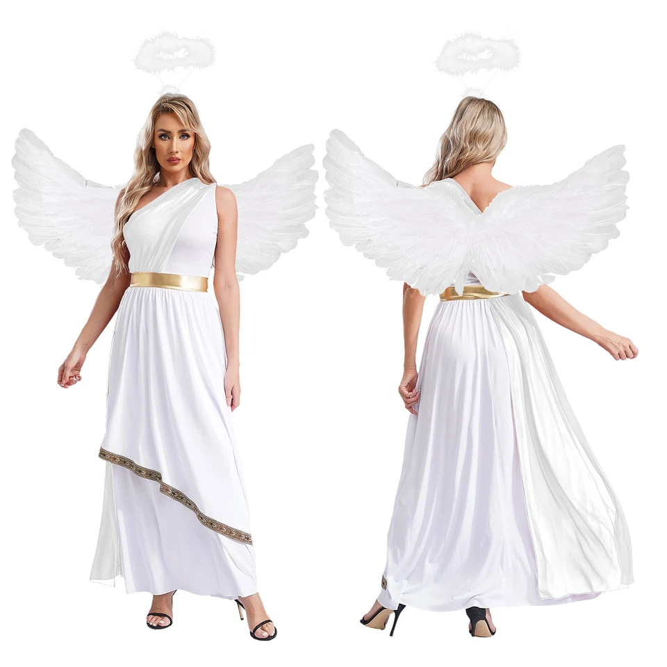 UK Women Angel Costume Chiffon Vintage Trim Tunic Dress with Wings Headwear Set