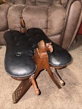 Vtg Handcrafted Camel Saddle Leather/Wood Footstool Black Leather Cushion