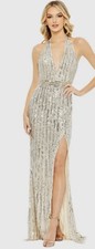 Mac Duggal 5759 Sz 14 Silver Nude Embellished Halter Neck Trumpet Gown $498