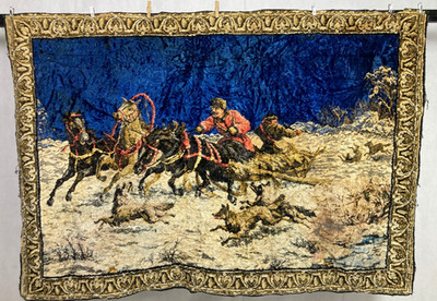 Vintage französischer schöner russischer Troika Szene Wandbehang Wandteppich 168x117 cm