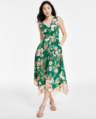 Vince Camuto 8 Green Floral Handkerchief Hem Sleeveless V-Neck Midi Dress  Women | eBay