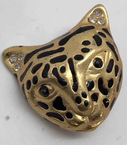 Vtg 1980's Gold-Tone Rhinestone & Black Enamel LEOPARD Clip-on Earrings (RF975) - Picture 2 of 7