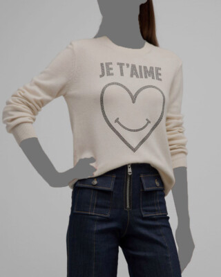 Cinq a Sept Women Ivory Rhinestone Je T'Aime Smiling Heart Sweater Size S