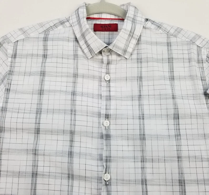 Camisa masculina Alfani com botões pequena preta cinza branca xadrez mangas compridas slim fit - Imagem 2 de 4