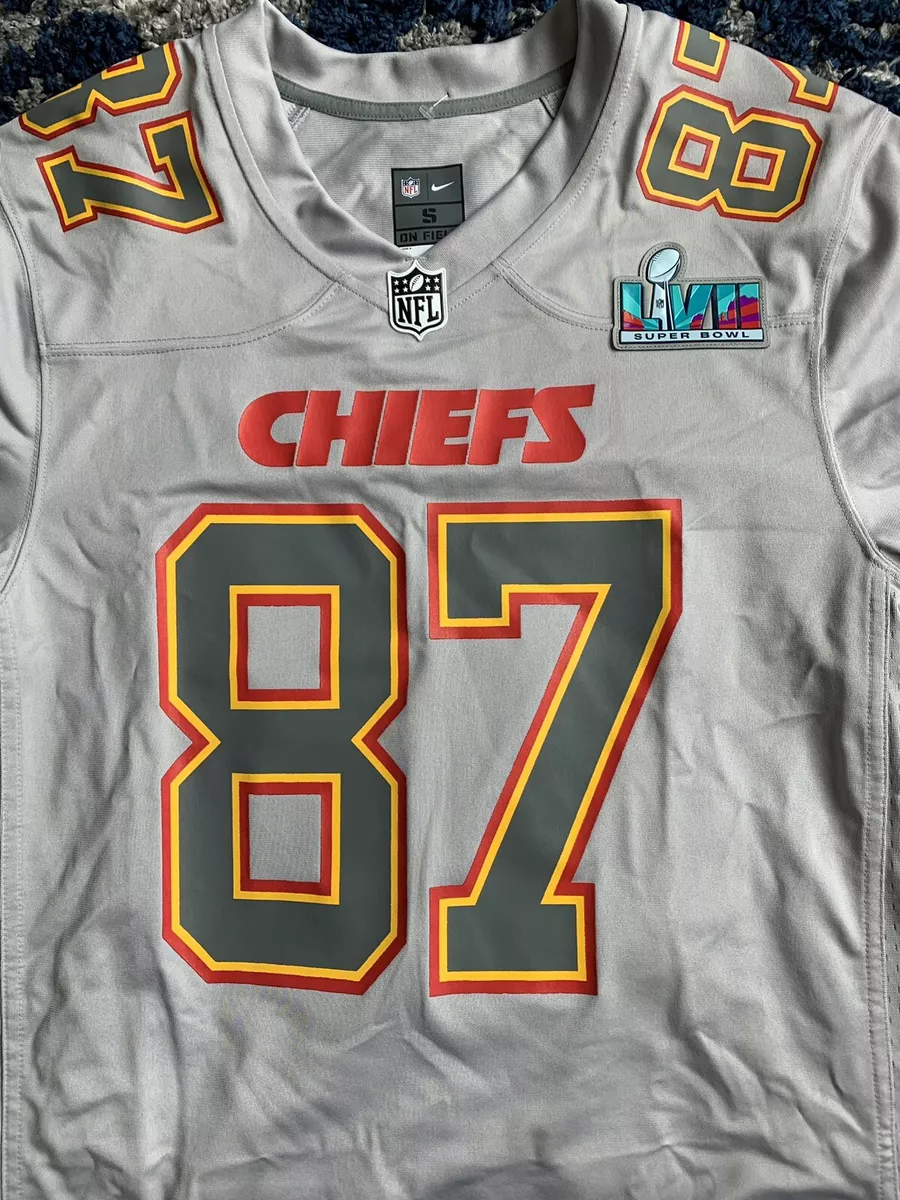 Men's Nike Travis Kelce Gray Kansas City Chiefs Super Bowl LVII Patch Atmosphere Fashion Game Jersey Size: 3XL