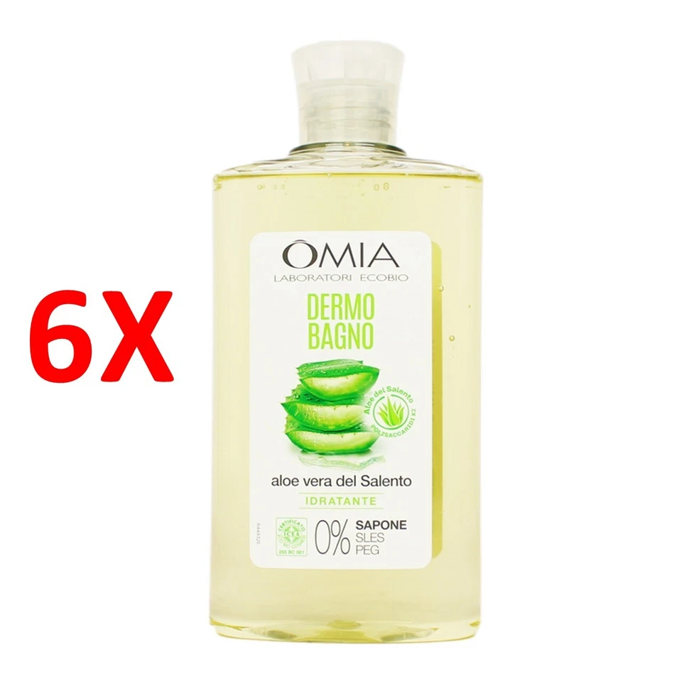 6 X Omia Ecobio Bagnoschiuma Dermo Aloe Vera Con Vitamina E 400 Ml