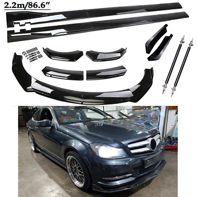 Front Bumper Lip Spoiler Kit +86.6'' Car Side Skirt For Bens Glossy Black I