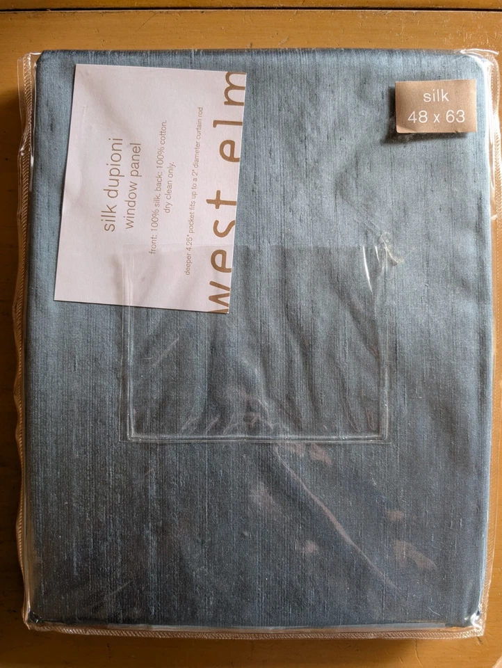 West Elm Dupioni Silk Curtains Drape 48x63 Slate Blue with Cotton Lining - Image 2 of 4