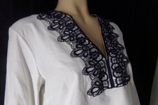 PRESTON YORK Blouse Shirt 12 white blue Lace trim Linen blend NWT