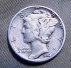 1944  P 10c ten cents Mercury Silver Dime US Coin