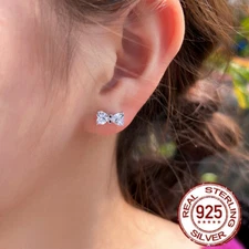 925 Sterling Silver Bowknot Stud Earrings Heart Cut Cubic Zircon Wedding Jewelry
