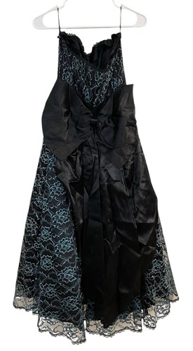 VTG Gunne Sax Jessica McClintock Strapless Black Blue Lace A Line Dress Bow XS - Picture 6 of 11