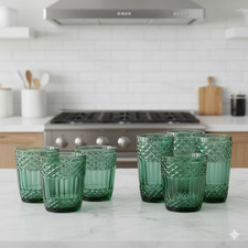 6pcs Embossed Mint Green Glass Tumblers 300ml Geometric Drinking Glasses