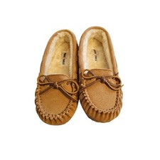Minnetonka Pile Lined Hardsole Moccasin Slippers Child Size 2 Tan Brown Leather