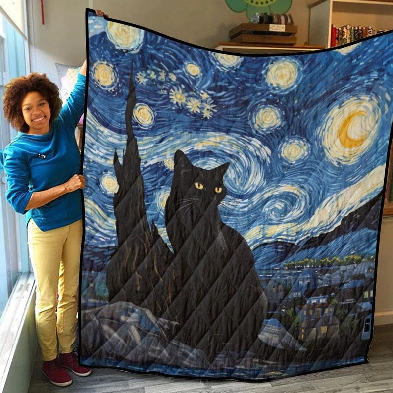 Starry Night Black Cat Quilt Blanket, Whimsical Blanket, Celestial Cat Van Gogh