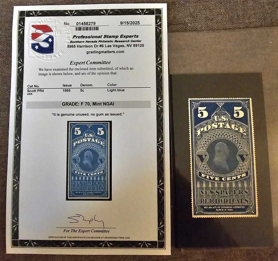 US NEWS PAPER STAMP 5c 1865 SC#PR4 GRADED F-70 MNGAI PSE CERT! CV$850 - Image 2 of 3