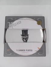 Harvest Green Studio Halloween Skull Top Hat Dinner Plates Set 4 Real Gold Trim