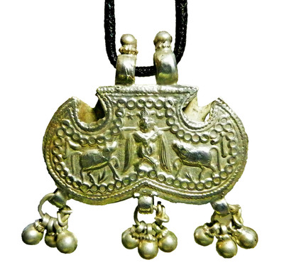 Antique 19 c Tribal 23 gm Pure Silver Embossed Prayer Box Amulet w/Dangles-India