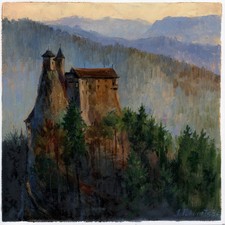 château dans les carpathes  ROUMANIE, tableau original 24 x 24  peinture huile
