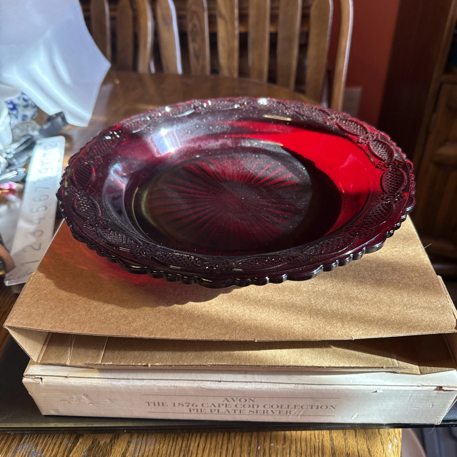Vintage Avon 1876 Cape Cod Ruby Red Glass Pie Plate Server New in Box