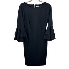 Calvin Klein Black Sheath Dress Tiered Ruffle Bell Sleeve Knee Length Size 4