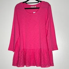 New LOGO by Lori Goldstein Cotton Slub Jersey Ruffle Lace Top Women's Size Small