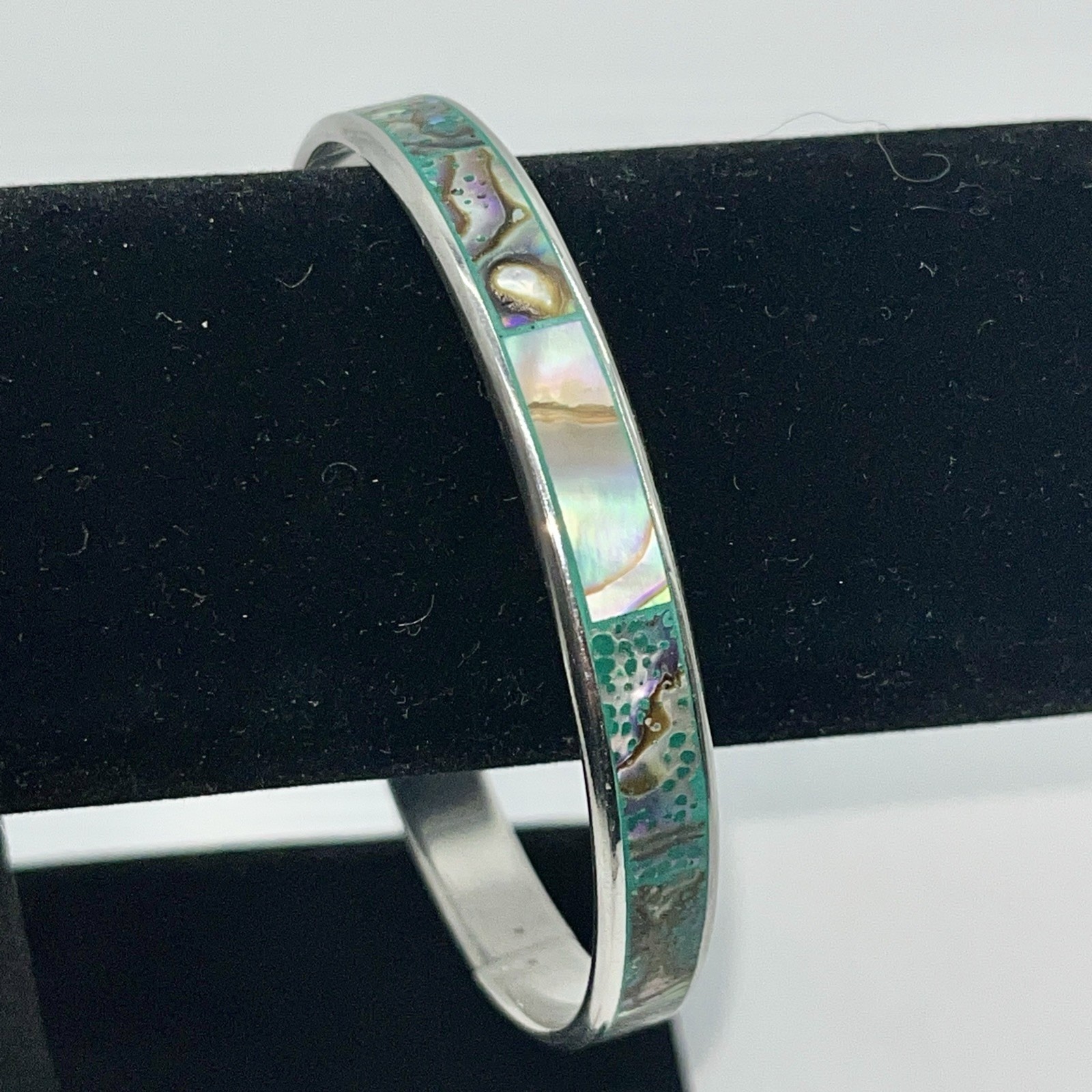 Abalone Shell Inlay Silver Tone Bangle Bracelet J… - image 1