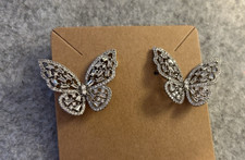 Unbranded 1.5 Inch Silvertone Butterfly Stud Earrings Rhinestones 1 Inch