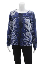 Maje Womens Fuzzy Printed Crew Neck Long Sleeve Sweater Top Blue Size 1