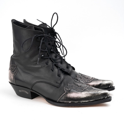 Sendra Handmade Western Boots Black Leather Pointed Toe Lace Up