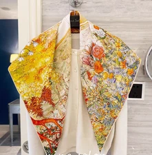 Pure 18 Momme Silk Wrap Scarf Bandanna Yellow flower Print Square Shawl 34'' new