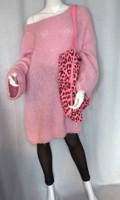 Oversized Flausch Pullover offshoulder Strick Kleid Puder Rosa 38,40,42,44 Neu
