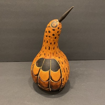 Vintage Peruvian Dried Gourd Hand-Carved Bird 9'' Folk Art Figurine Painted