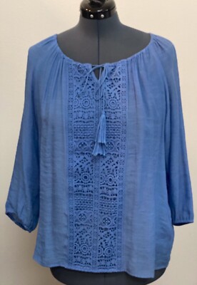 GNW M Blue Crinkle Rayon Blend Boho Tassels Lace Accent Blouse