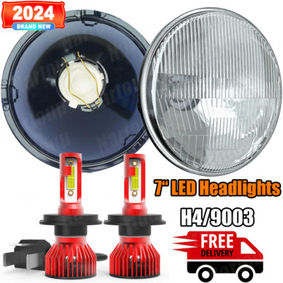 Pair 7'' Inch Led Headlight Housing With 6000K H4 Bulbs Hi/Lo Beam Super Bright
