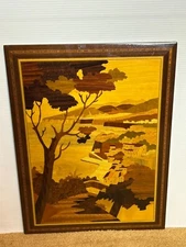 Vintage 1960s Inlaid Wood Wall Art Italian Coast Italy Village Marquetry 15x20