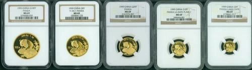 1999 LARGE DATE 5-COINS GOLD SET PANDA NGC MS69 CHINA 100Y 50Y 25Y 10Y 5Y !