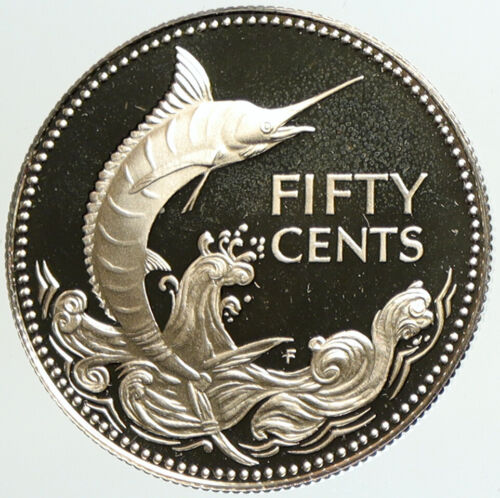 1975 BAHAMAS UK Queen Elizabeth II Marlin Proof Silver Coin 50 Cent Coin i101212 - Afbeelding 1 van 3