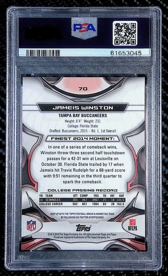 Jameis Winston - 2015 Topps Finest #70 Black Refractor - RC - PSA 10 - Buccaneers Foto 2 de 2