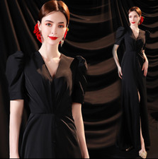 Elegant Black V Neck Short Sleeve High Split Evening Dresses Banquet Prom Gown