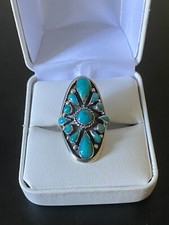 SS925 RING SIZE 7 WITH BLUE PEAR/ROUND CUT TURQUOISE GEMSTONES 6.0 GRAMS