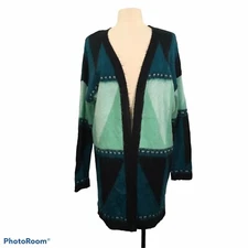 Rue 21 Geometric Blue Long Open Front Cardigan Sweater, Fuzzy, Large