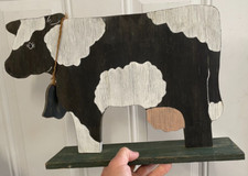Vintage Primitive Hand Made Wooden Holstein Cow on Base Folk Art 18 X 12" Decor