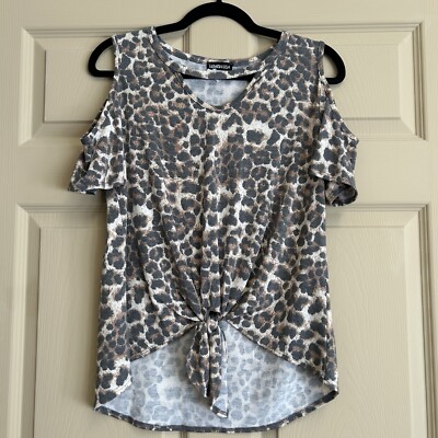 Heimish USA Shirt Leopard Cold Shoulder Front Tie Size S Style #ST1597-11